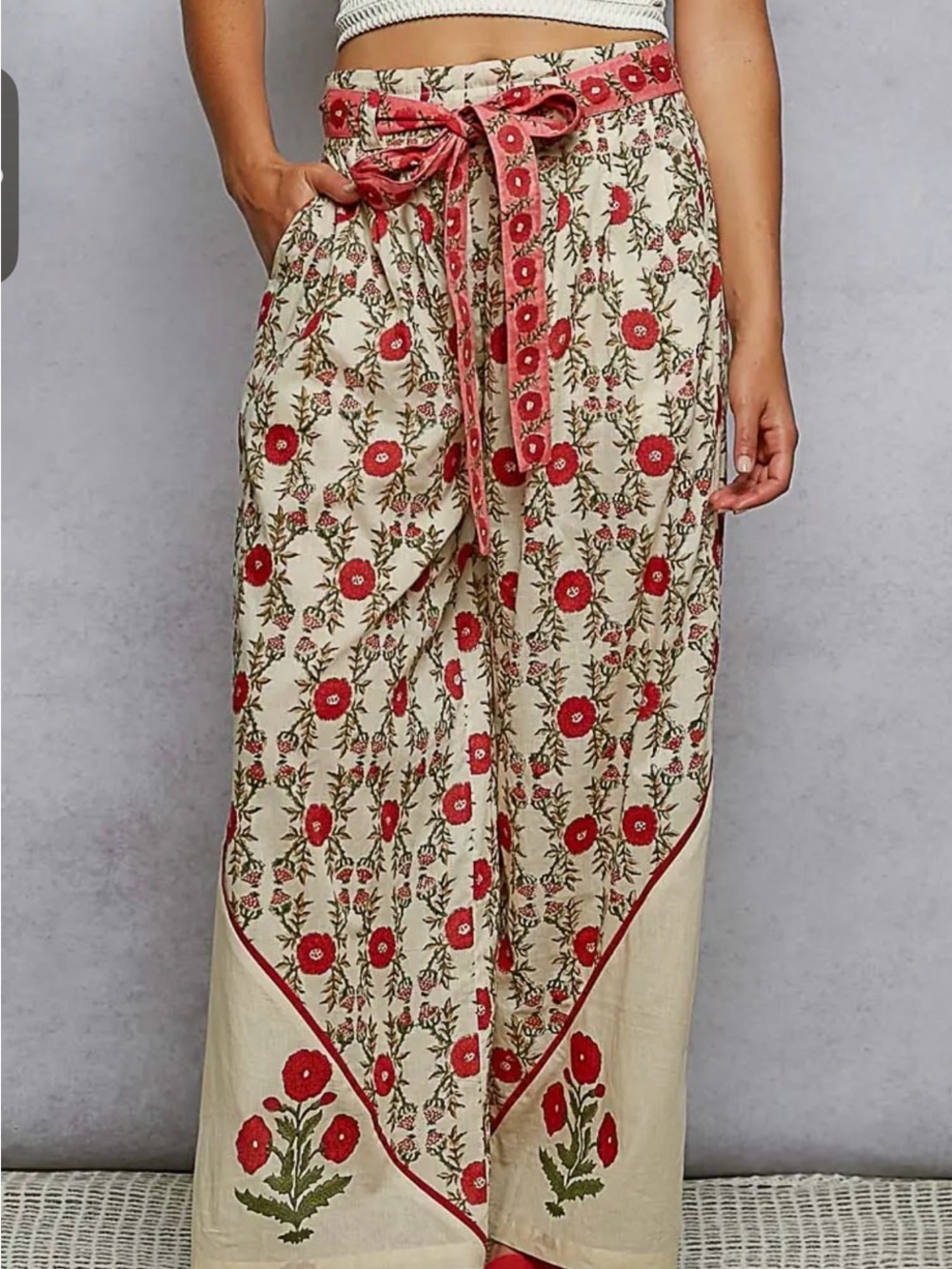 POL- Floral w Wide-Leg Pants w/Belt in Cream and Red 100% Cotton  S-L -sold out!
